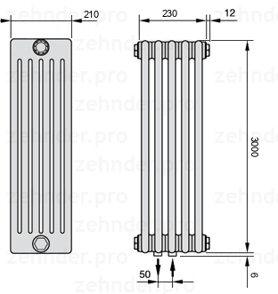 Схема (чертеж) Радиатор Zehnder Charleston 6300/5 №5410 Белый глянцевый RAL 9016